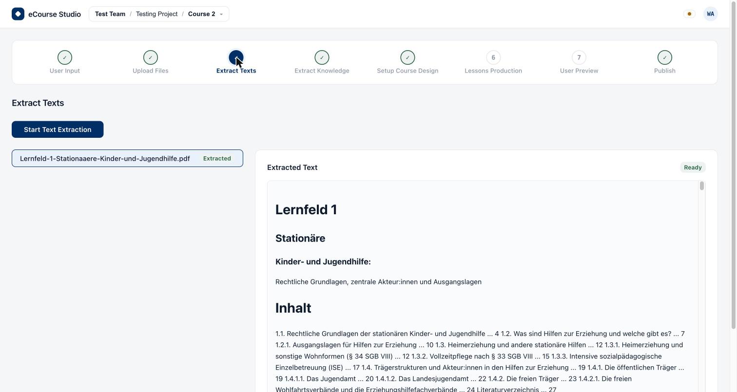 Der Schritt „Extract Texts“: links die Dateiliste mit dem Status „Extracted“, rechts das Feld „Extracted Text“ mit dem ausgelesenen Dokumenttext samt Überschriften und Inhaltsverzeichnis.