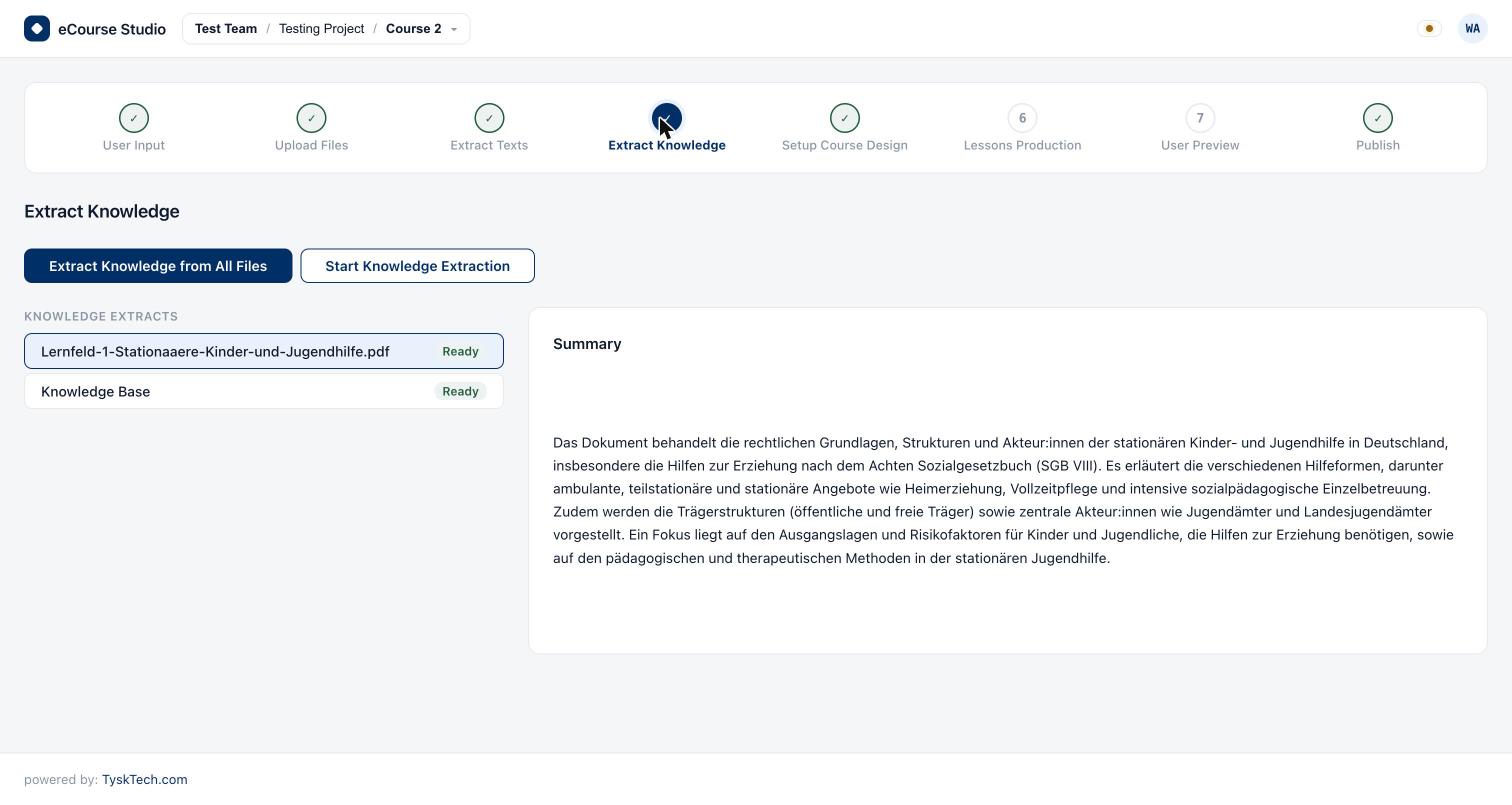 Der Schritt „Extract Knowledge“: links die Liste „Knowledge Extracts“ mit einem Eintrag je Quelldatei und einem zusätzlichen Eintrag „Knowledge Base“, beide mit dem Status „Ready“; rechts das Feld „Summary“ mit einer deutschen Zusammenfassung des Dokuments.