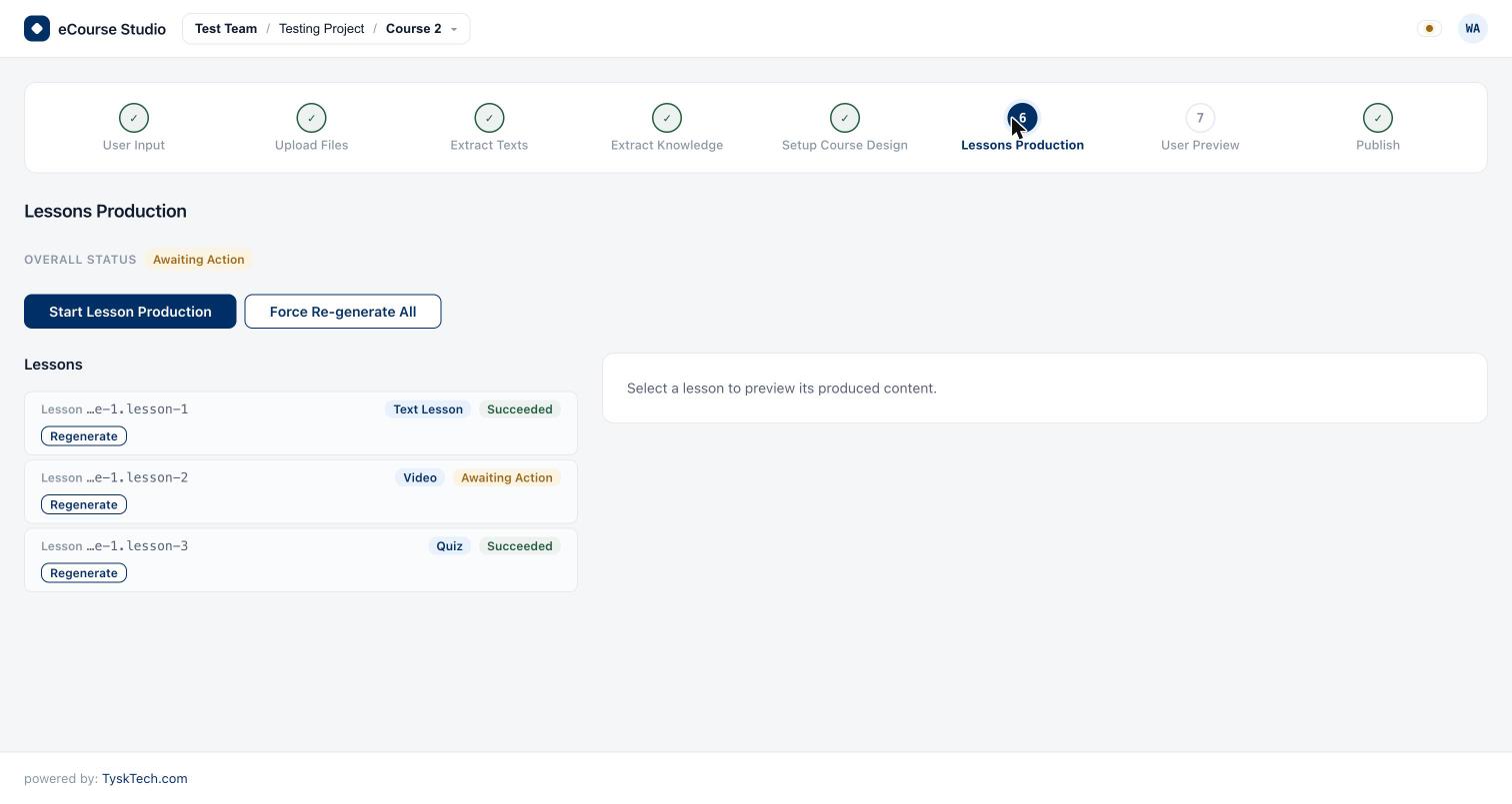Die Phase „Lessons Production“: drei Lektionen untereinander – „Text Lesson“ und „Quiz“ mit dem Status „Succeeded“, die Video-Lektion mit dem Status „Awaiting Action“.