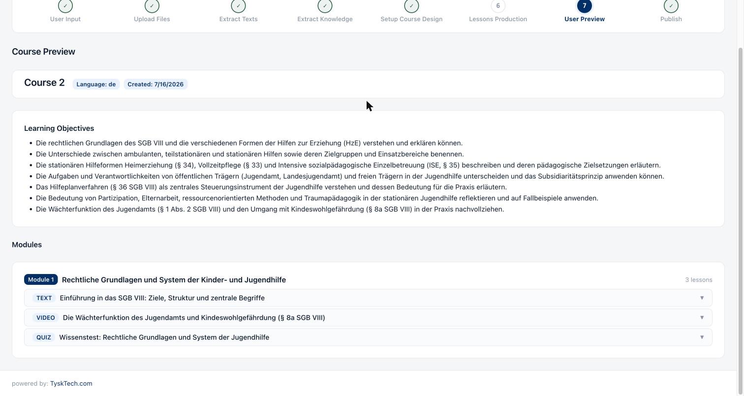 Die Kursvorschau: oben der Kasten „Learning Objectives“ mit sieben ausformulierten Lernzielen, darunter „Modules“ mit „Module 1“ und dessen drei zugeklappten Lektionen, gekennzeichnet als „TEXT“, „VIDEO“ und „QUIZ“.