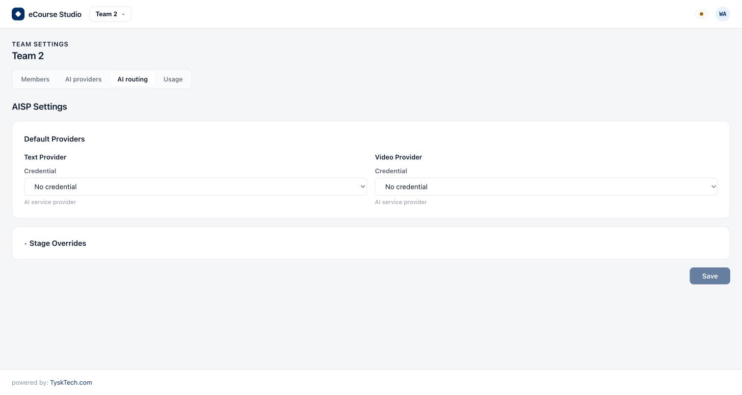 Der Kasten „Default Providers“ in den Team-Einstellungen: links „Text Provider“, rechts „Video Provider“, beide mit einem Auswahlfeld, das in dieser Aufnahme „No credential“ zeigt; darunter der zugeklappte Bereich „Stage Overrides“ und eine Schaltfläche „Save“.