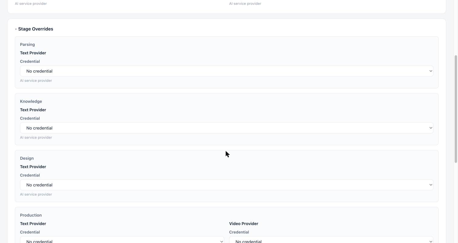 Team-Einstellungen zum KI-Routing: der Abschnitt „Stage Overrides“ mit den Phasen Parsing, Knowledge, Design und Production, jede mit einem Auswahlfeld für die Zugangsdaten – in dieser Aufnahme überall „No credential“.
