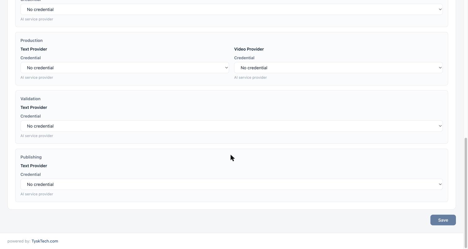 Die Fortsetzung von „Stage Overrides“: der Block „Production“ mit zwei Auswahlfeldern nebeneinander – „Text Provider“ und „Video Provider“ –, darunter „Validation“ und „Publishing“ mit je einem Feld, alle mit „No credential“, und eine Schaltfläche „Save“.